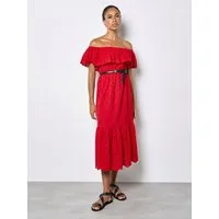 Apricot Maxikleid Broderie-Maxi-Kleid mit Bardotausschnitt