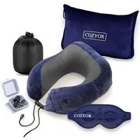 Cozyor Reisekissen und Reisedecke 2 in 1, Reiseset kuschelig weich + Rucksack-Clip, dunkelblau Ocean, 4-tlg., Verwandlungskissen, Flugzeugdecke für unterwegs, Sparset mit Nackenkissen und Augenmaske