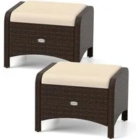 COSTWAY Fußhocker (2er Set), Rattan Sitzhocker mit abnehmbarem Kissen wetterfest 46x54x39,5cm