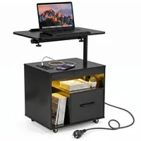 COSTWAY Nachttisch (1-St), LED Nachtschrank, Beistelltisch mit Rollen, Ladestation & Steckdosen
