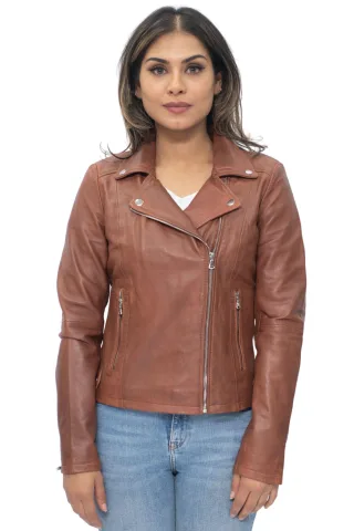 Hellbraune Damen-Bikerjacke aus Leder – Sacramento