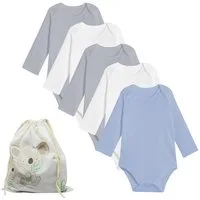biorganic Langarmbody (5er Pack) für Jungen und Mädchen, Unisex, Mehrfarbig, Baby Body (Set, 6-tlg., 5er-Pack Bodys & 1 Beutel) Langarm, 100% Bio-Baumwolle, GOTS-zert., mit praktischen Druckknöpfen