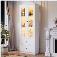 Merax Standvitrine schmal Vitrinen mit LED und USB-Anschluss (inkl.Fernbedienung, Hochschrank Standregal Schrank Vitrine) Vitrinenschrank mit verstellbaren Fachböden und 2 Schubladen, H:165cm