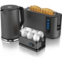 Arendo Frühstücks-Set (3-tlg), Edelstahl Wasserkocher 1,5l, Langschlitz Toaster, Eierkocher Cool Grey
