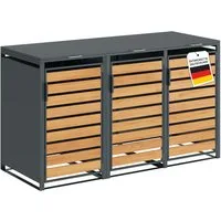 STEELSØN Mülltonnenbox Kestra 240L aus verzinktem Stahl (Anthrazit/Holz, verfügbar mit 1, 2, 3, 4, oder 5 Türen), für 3 Tonnen, mit Sichtstreifen Holzoptik