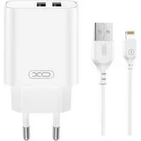 XO CE34 USB-Ladegerät (2400 mA, Einzelladegerät mit Kabel, 2 USB, inkl. IPhone-Kabel, 12W, kompakt, reisetauglich)