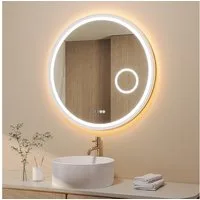 AQUABATOS Badspiegel Rund mit LED Beleuchtung 80 cm Wandspiegel dimmbar Badezimmerspiegel, 3-fach-Vergrößerung Kosmetikspiegel, Touch, Anti-Beschlag, Uhr, IP44