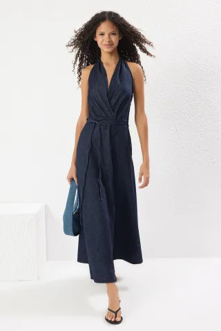 Damen-Maxikleid in Marineblau, gerader Schnitt, ärmellos, lässig/alltagstauglich