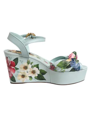 Dolce & Gabbana Grüne Blumen Wedge Sandalen mit Knöchelriemen