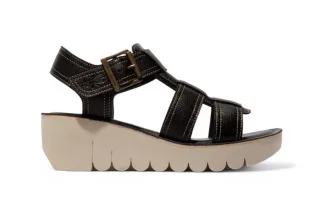 Fly London Damen YUDD236FLY Schwarze Mousse Ledersandalen Espadrille Plateau Wedges