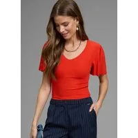 Laura Scott V-Shirt mit Flügelärmeln, sehr figurbetonte Passform, Rippstruktur