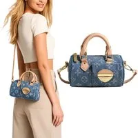 MOPUEA Umhängetasche Taschen für Frauen Frauentasche Kissenbeutel Handtasche Vintage (Gewebt Denim Handtasche Crossbody Taschen, 1-tlg., Handtaschen für Damen Fashion Trends Denim Boston), Runde Damen-Henkeltasche aus Denim im Zylinderstil mit Schult