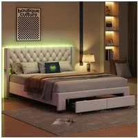 Simurq Polsterbett Doppelbett 180 x 200 cm LED USB (1-tlg., Inkl. Ladefunktion, RGB Beleuchtung, 2 Schubladen), Stauraumbett mit Komforthöhe Lattenrost, Leises Design Bett