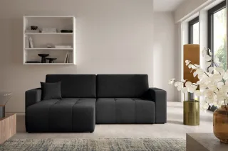 Ecksofa Sofa mit Schlaffunktion AUGUSTO in Stoff Wind Schwarz Ottomane Links