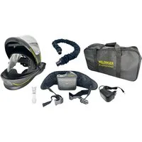 WELDINGER Schweißhelm Frischluftsystem FS-800 mit Schweißhelm AH 850 flip up air system (5-tlg), Realcolour-Sichtfeld, Flip Up-Visier, Lithium-Wechselakkusystem