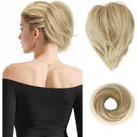 LuxusKollektion Haargummi Haarteil Pferdeschwanz Haarknoten Kurz Dutt Blond Bleichblond 20cm