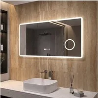 AQUALAVOS Badspiegel Badspiegel mit licht Beleuchtung 120x60 cm Touch Uhr dimmbar Spiegel, mit 3-Fach Vergrößerung Schminkspiegel, Speicherfunktion, Wandschalter