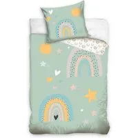 MTOnlinehandel Kinderbettwäsche Regenbogen, Sterne & Sonne 135x200 + 80x80 cm, 100 % Baumwolle, Satin, 2 teilig, mit YKK Reißverschluss · sanft, weich für Mädchen & Jungen