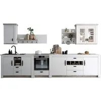 Home affaire Küchenzeile Florenz, Küche in Pinie Weiß, mit Herdumbau, ohne E-Geräte, (Set), Breite 394 cm, mit verschnörkelten Metallgriffen, Arbeitshöhe 92 cm