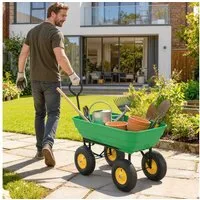 Outsunny Bollerwagen mit Kippfunktion, 75 Liter Kunststoffwanne, Ziehgriff, Luftbereifung (Handwagen, 1-tlg., Gartenwagen), für Gartenarbeit Rasen Dunkelgrün