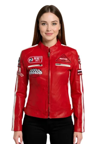 Rote Damen-Lederjacke mit Rennabzeichen für Biker – Dalby