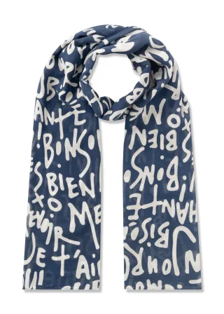 Schal aus feiner Modal-Baumwoll-Mischung mit französischen Schriftzügen blau - Gr. - one size