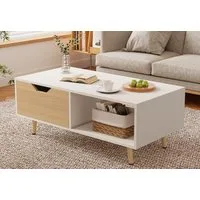 Lexzurn Couchtisch Couchtisch, Kaffeetisch, Sofatisch mit Schubladen (106 x 58 x 39,5 cm), und offenen Ablagefächern, Wohnzimmertisch, Weiß+Naturholz