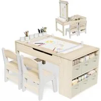 TLGREEN Kindertisch mit 2 Satz Stühlen, Kinder Tisch Stuhl Set Holz (Kindermaltisch mit Papierrolle und Stauraum, Mal und Basteltisch), Wasserdichtes Kindertisch für Malen/Lernen/Essen(ab 3 Jahre)