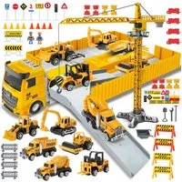 Wootoy Spielzeug-Baumaschine Baustellenfahrzeug Spielset Construction Set mit 6 Spielzeugautos, (mit 360° drehbarer Turmkran und bewegliche Fahrzeugteile, 7-tlg., Großes Baustellen-Set mit Transport-LKW Kran mehreren Baufahrzeugen), Licht- und Sounde