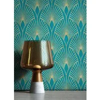 Newroom Vliestapete Muster1 Tapete Mustertapete Pfauenfeder,Blätter,Ornamente, Blau Tapete Pfauenfeder Modern - Mustertapete Retro Gold Petrol Blätter Grafisch für Schlafzimmer Wohnzimmer Küche, Retro
