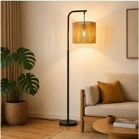 Nettlife Stehlampe Schwarz Vintage rattan Boho Standleuchte Fußschalter 164cm Bogenlampe, ohne Leuchtmittel, Leselampe für Schlafzimmer Terrasse Büro - E27 Fassung