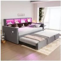 Flieks Daybett, LED Polsterbett 90/180x190cm mit Ausziehbett, Staufächern und Aufladen