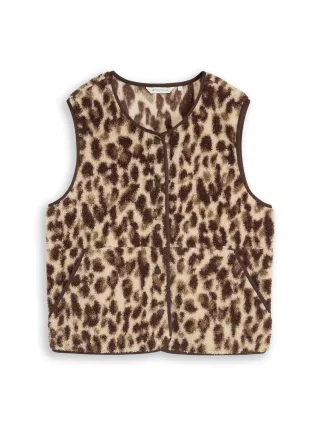 Tom Tailor - Boxy Fit Teddy Weste mit Taschen beige java brown leo print - Gr. - XXL