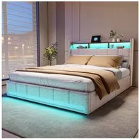 Furnishings Home Polsterbett LED Doppelbett Stauraumbett mit Kopfteil und 4 Schubladen (Leinenmaterial Polsterbett mit RGB Beleuchtung), mit Lattenrost und Ladefunktion, mit Komforthöhe, Leises Design Bett