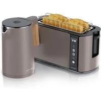 Arendo Frühstücks-Set Edelstahl Wasserkocher 1,5l, 4-Scheiben Langschlitz Toaster, taupe (2-tlg), Wasserkocher mit Temperatureinstellung, Toaster Brötchenaufsatz, Touch