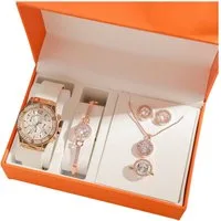 ibettertec Quarzuhr  Geschenk Damen Armbanduhr Armband Halskette Ring Ohrring Schmuck Set, (Elegant Analog Quarz Uhr mit Digital Zifferblatt und Elastisch Legierung Armband .Frauen Mädchen Strass Quarzuhr für Weihnachten Bracelet Jewelry Set.Damenges