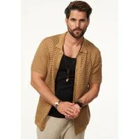 SOULSTAR Poloshirt im Crochet Vintage Summer-Look Herren Kurzarm Strick Polo-Hemd Cardigan T-Shirt