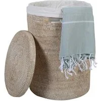 Casa Moro Wäschekorb Rattan Wäschebehälter Cleo Weiß rund mit Deckel & Innenfutter (Designer Weide Korb, Aufbewahrungskorb rustikal geflochten, Rattan Korb rund), Boho Chic Wäschesammler mit Griff