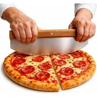 BigDean Wiegemesser Pizzaschneider 32 cm aus Edelstahl mit Holzgriff – Profi Pizzamesser, Rostfreier Edelstahl, 32cm schnittlänge, einfache 2hand bedienung