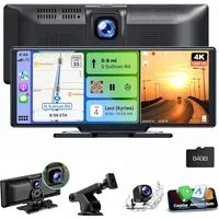 ESSGOO 4K 10.26" Wireless Carplay Android Auto Display Vorne Rückfahrkamera Navigationsgerät (Tragbar Autoradio Rückfahrkamera IPS Touchscreen GPS Navi FM AUX)