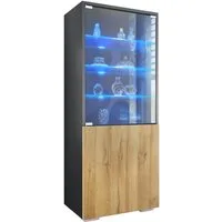 Vladon Standvitrine Granada (Vitrinenschrank, mit Glastür und Glaseinsatz inkl. LED) Anthrazit matt/Eiche Natur (50 x 122,5 x 34,5 cm)