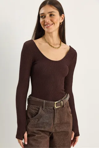 Slim Fit Langarm-Bluse mit U-Ausschnitt