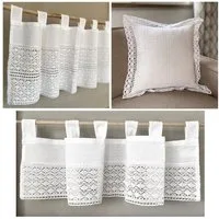 heimtexland Scheibengardine Deko Set Häkelspitze Gardine Kissen Tischdecke (1 St), Schlaufen, blickdicht, Boho Scheibengardine Makramee Spitze Häkel Bistrogardine