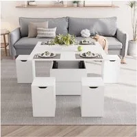 VOWNER Couchtisch Höhenverstellbarer, 4-in-1 Mehrzweckcouchtisch, 4 Stühle, Weiß