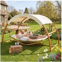 tectake Hängematte Schwebeliege, Belastbarkeit 250 kg, 328 x 160 x 171,5 cm, (Sitzhängeschaukel Locarno, in teak), Für 2 Personen, großes Sonnendach, 2 Kissen, waschbarer Textilenestoff
