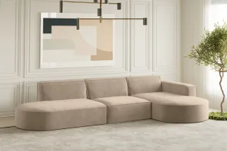 Ecksofa Designersofa PALMA in Stoff Noel Beige Ottomane Rechts