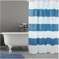MSV Duschvorhang Cotexsa QUADRO Breite 180 cm, Premium Textil-Duschvorhang, Made in Spain, 100% Polyester, wasserundurchlässig, Anti-Schimmel-Effekt, Anti-Bakteriell beschichtet, waschbar 30°, 180 x 200 cm, Farbe weiß / blau