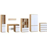 Deine Möbel 24 Jugendzimmer-Set ARCO A Kinderzimmer-Set Kindermöbel Jugendmöbel, (Set, 6-tlg., Kleiderschrank Kommode Schreibtisch Regal Hochkommode Hängeregal), 1+3+7+5+4+8 Weiß Matt