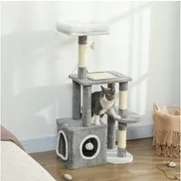 PawHut Kratzbaum 107 cm Katzenturm mit Höhle, 2 Plüschballen, Sisalstämme, große Plattform, für Katzen unter 5 kg, Grau