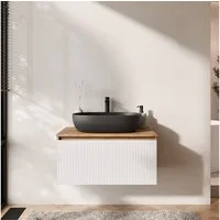 Planetmöbel Waschtisch-Set Arisa 2 teilig, Waschtisch mit Unterschrank 80 cm, Waschbecken 60 cm, (Waschtischunterschrank hängend für Gäste WC & Bad, weiß geriffelt, 2-St., Badmöbel Set mit Waschbecken 60 cm schwarz), Schublade mit Soft-Close Funktion